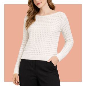 Theory White Boat Neck Micro Crochet Open Link Fitted Knit Sweater Size S